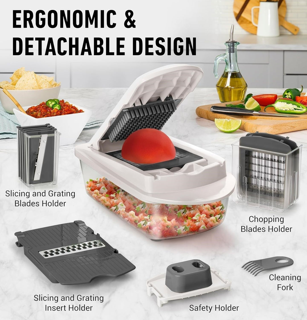 Tavvitaimp18 manual vegetable chopper for dicing onions, slicing veggies, and grating cheese quickly.