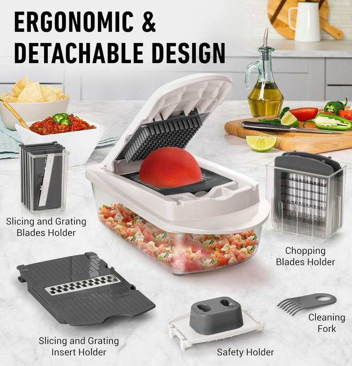 Tavvitaimp18 manual vegetable chopper for dicing onions, slicing veggies, and grating cheese quickly.