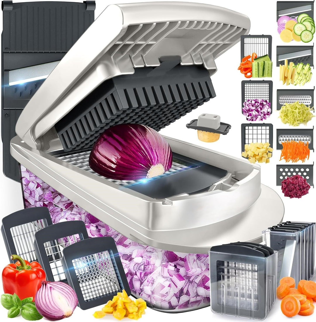 Multi-functional 8-in-1 vegetable chopper with various blades, ideal for effortless food prep & meal slicing.