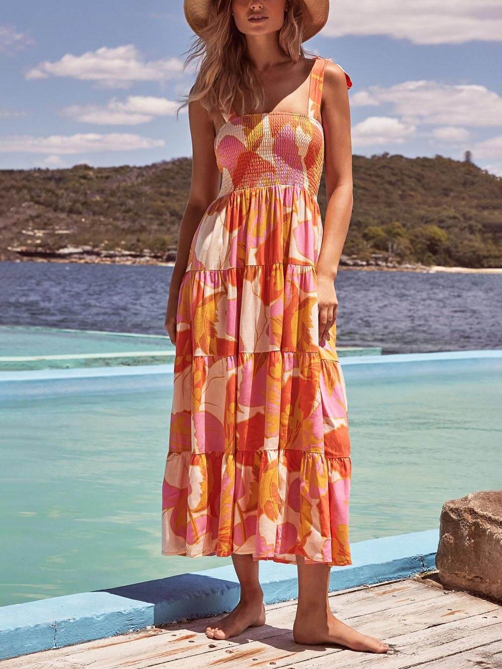 Women's multicolor halter midi sundress, perfect for summer casual wear or a beach vacation.