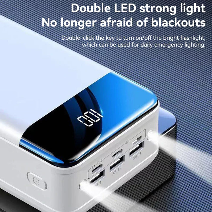 Compact 50000mAh portable charger next to a smartphone, providing fast backup power for travel.