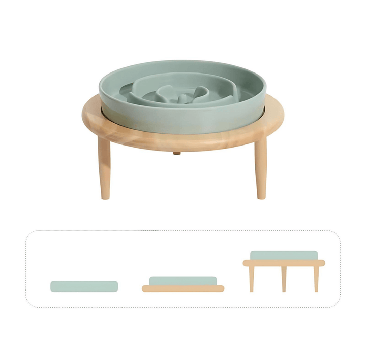 Elegant ceramic pet slow feeder bowl on a wooden stand, blends with home decor.