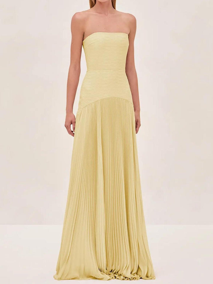 Women's light green strapless pleated maxi sundress, an elegant and comfortable summer dress.