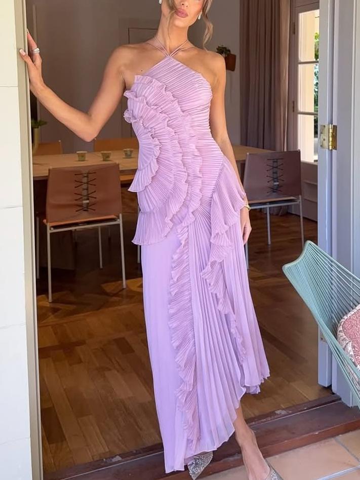 Elegant women's wedding guest maxi dress with sleeveless asymmetric pleats for special occasions.