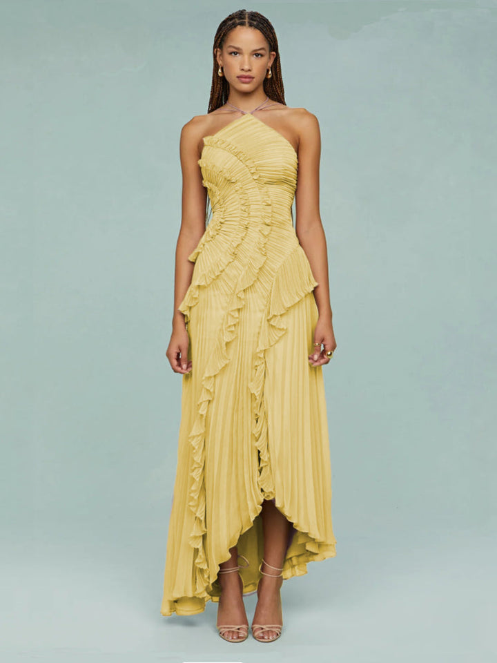 Elegant women's sleeveless wedding guest maxi dress, featuring stylish asymmetric pleats. Special occasion.