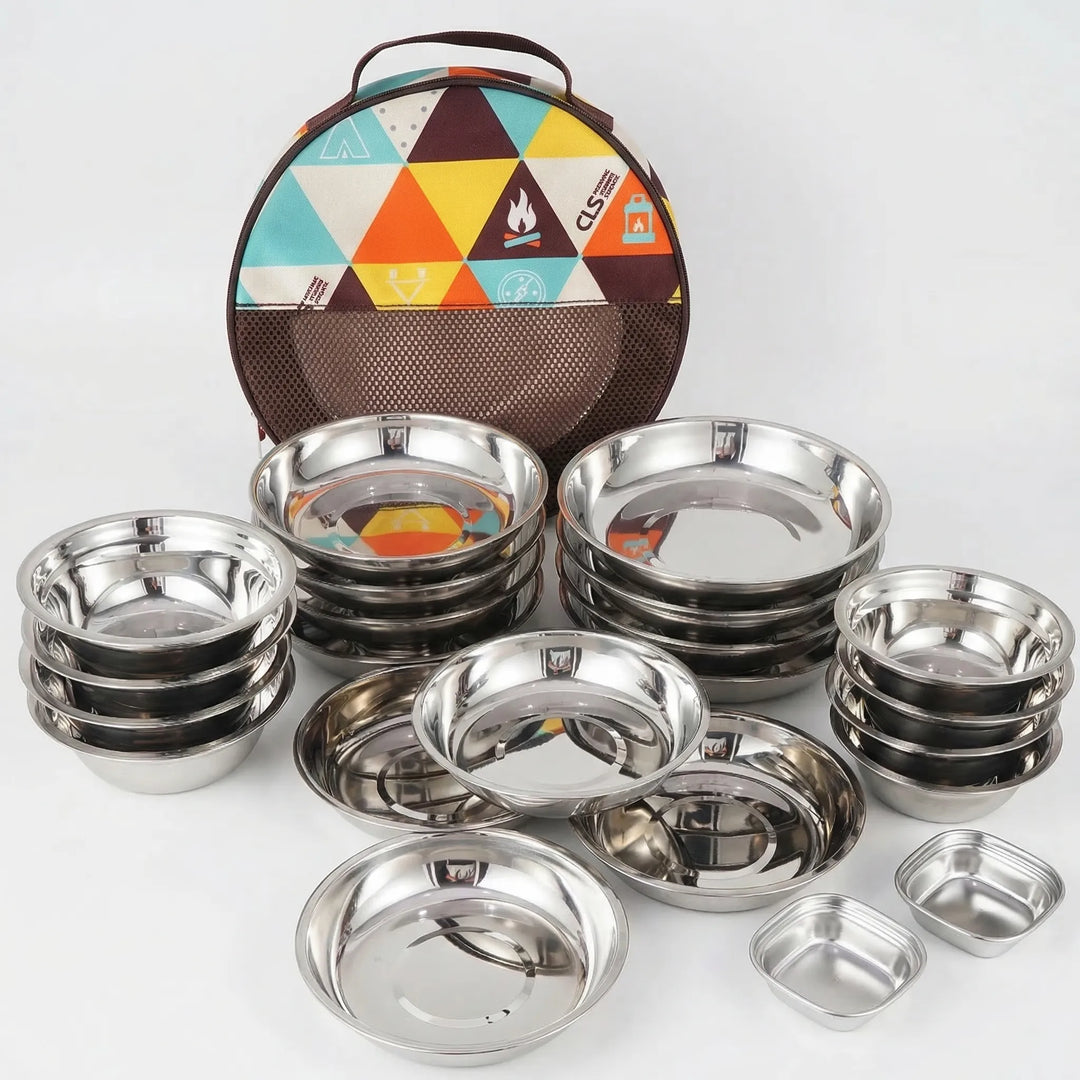 Compact 22-piece metal tableware set for hiking & camping. Includes plates, cups & cutlery for outdoor meals.
