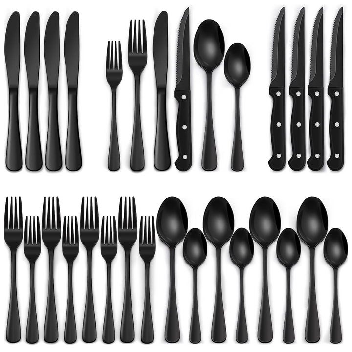 Elegant 24-piece black stainless steel cutlery set for 4, includes dinnerware flatware & steak knives.