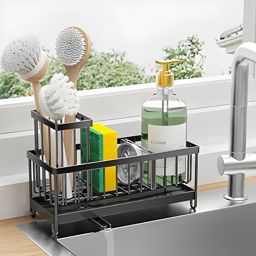Black stainless steel kitchen sink organizer for sponges, brushes, and soap. Durable sink caddy for neat kitchen storage.