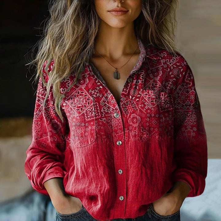 Women's relaxed fit bohemian blouse with vintage floral print, perfect for casual summer wear.