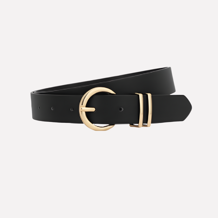 Women's adjustable faux leather belt set with elegant gold buckles. Versatile fashion accessory.