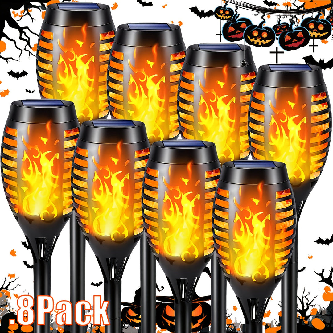 Elegant LED solar lights with realistic flame effect for enchanting outdoor landscape lighting.