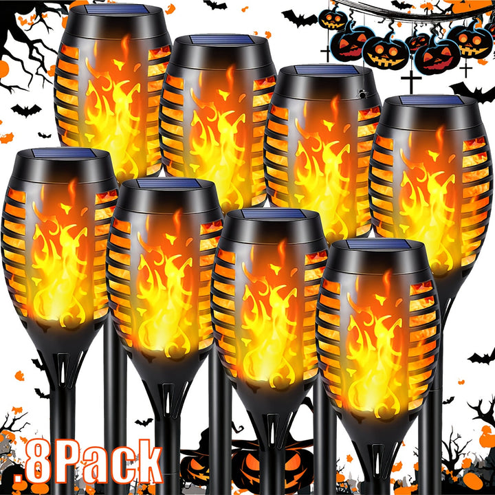 Elegant LED solar lights with realistic flame effect for enchanting outdoor landscape lighting.