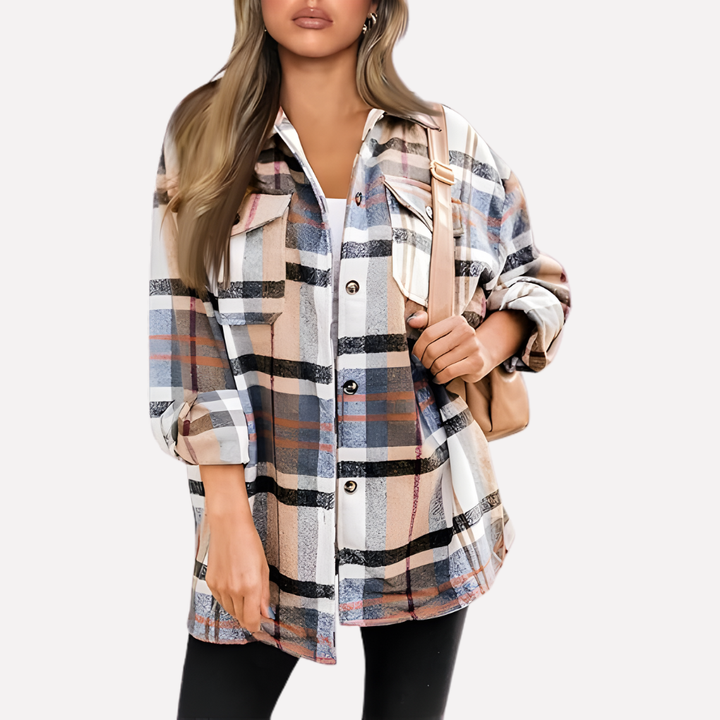 Stylish women's plaid layering shacket, relaxed fit for fall fashion & winter style.