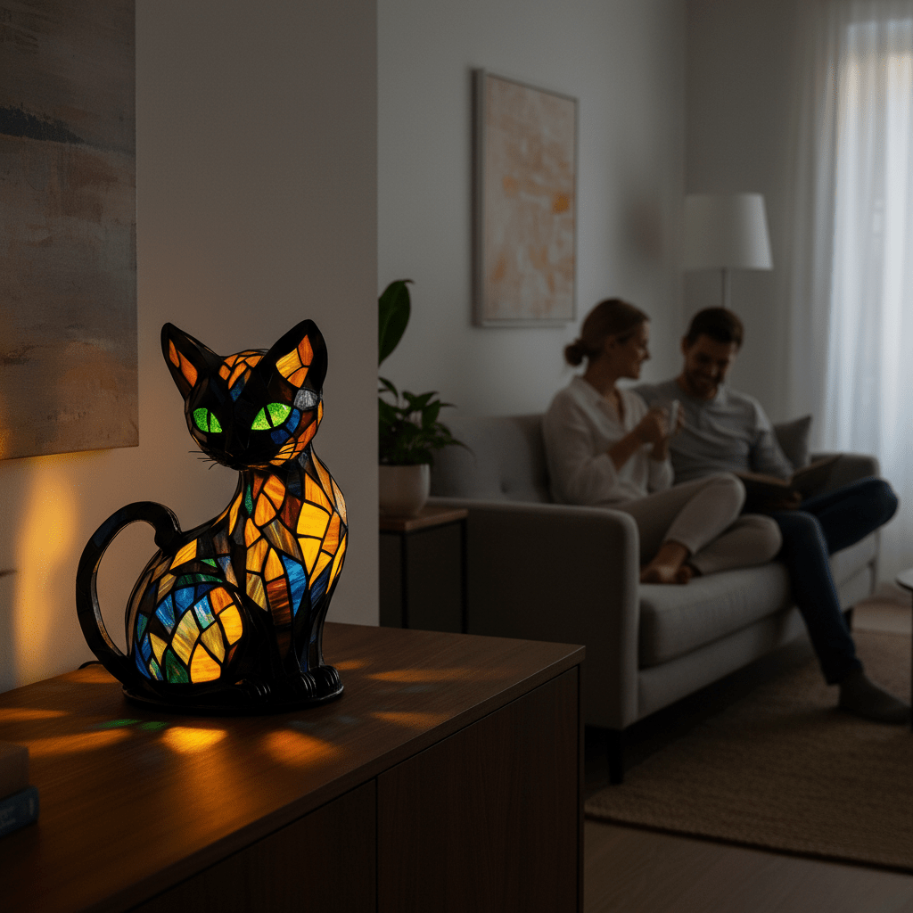 Decorative LED cat night light providing soft ambient glow for nursery or kids' bedroom. Rechargeable.