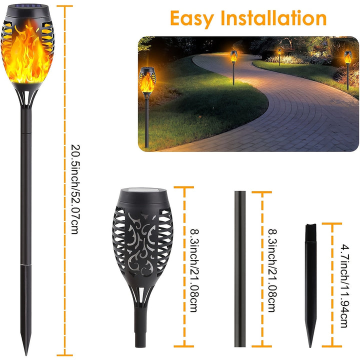 Set of 8 solar flame lights illuminating a garden path, enhancing evening patio ambiance.