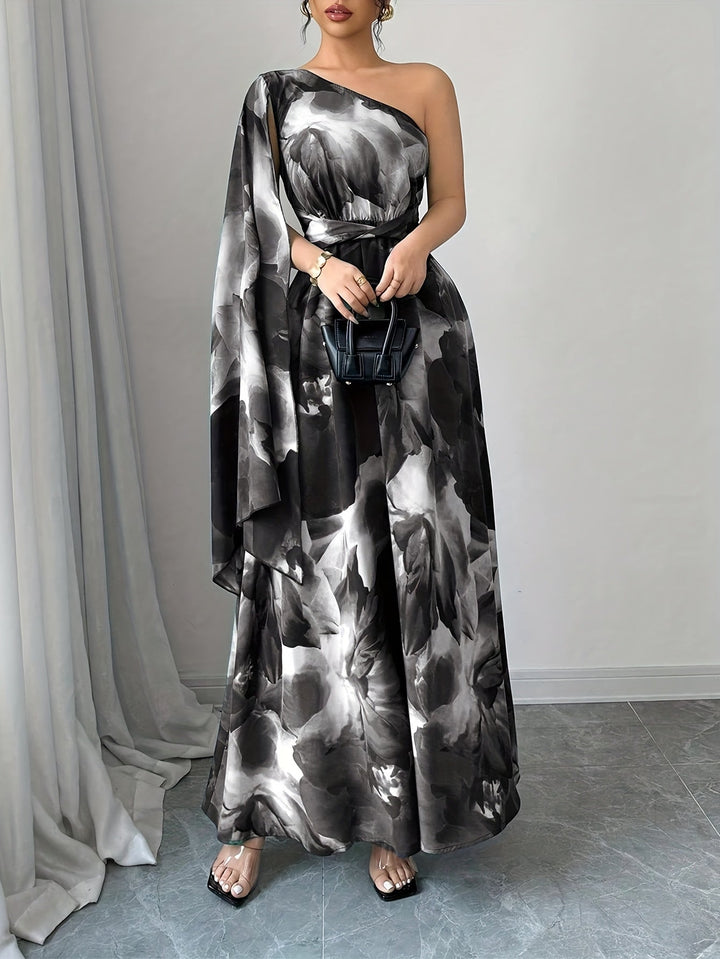 Elegant Women's Floral Maxi Dress with one shoulder. Stunning and chic for any special occasion.