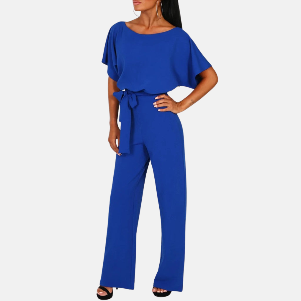 Versatile women's wide-leg jumpsuit for office or elegant summer events. Comfortable solid color short sleeve.