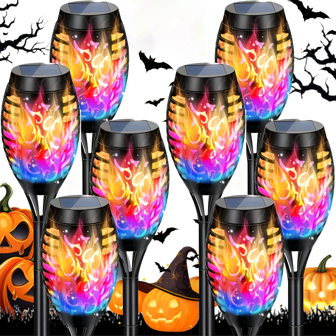 Bright LED solar flame lights, perfect for garden, patio, deck, or pathway decoration.