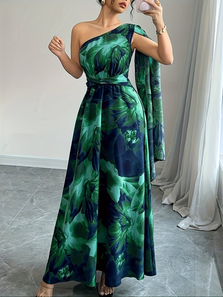 Fashionable one-shoulder floral maxi dress. Elegant attire for wedding guests & evening parties.