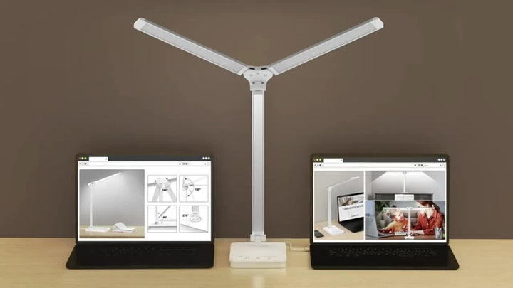 Stylish black LED desk lamp, angled view, highlighting its adjustable head & sleek touch control panel.
