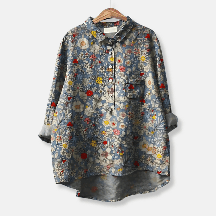 Long sleeve floral women's blouse, button-front. Loose fit, versatile for casual wear, office, spring/summer.