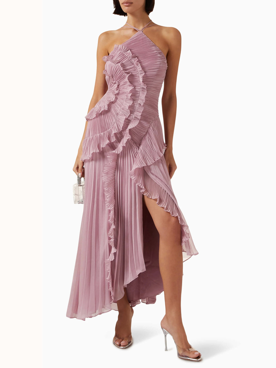 Full-length sleeveless maxi dress for women, an elegant wedding guest option with asymmetric pleats.