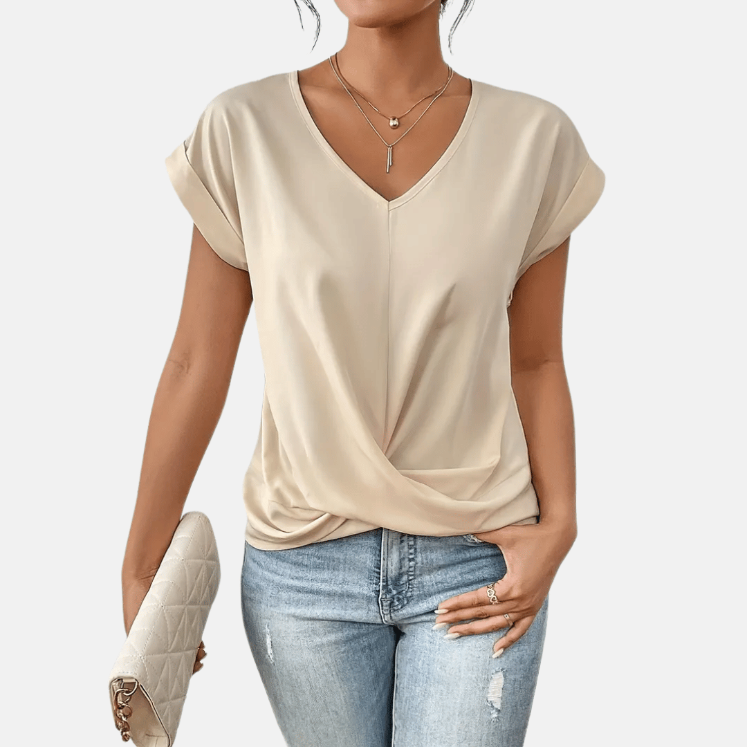 Women's V-Neck Blouse with Draped Hem & Short Sleeves, perfect for casual chic style.