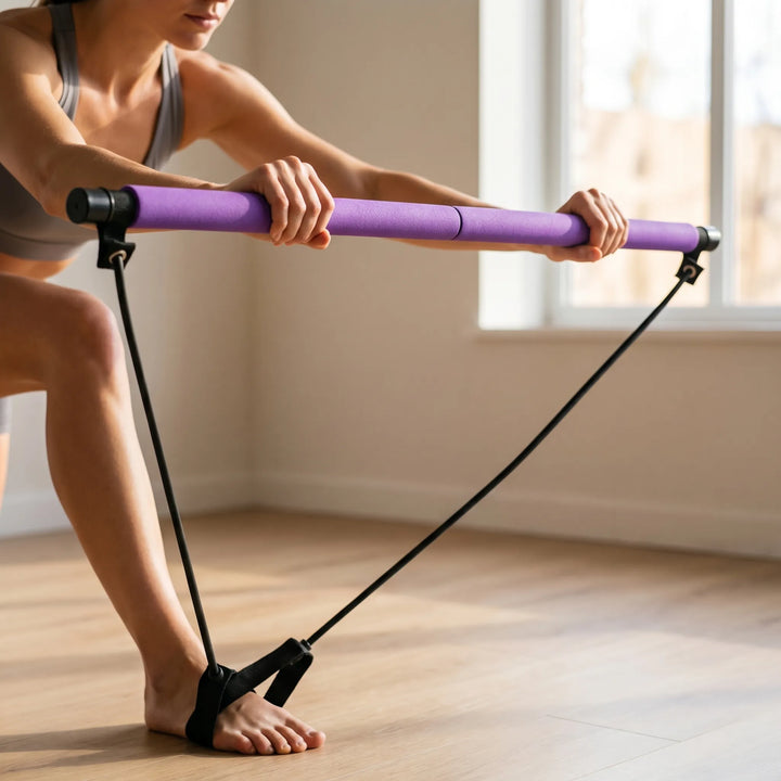 Purple portable Pilates stick for full body home workouts. Ideal resistance band exercise equipment.