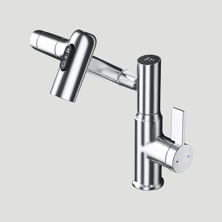 Sleek black kitchen faucet with 360° swivel, featuring a digital temperature display for modern kitchens.