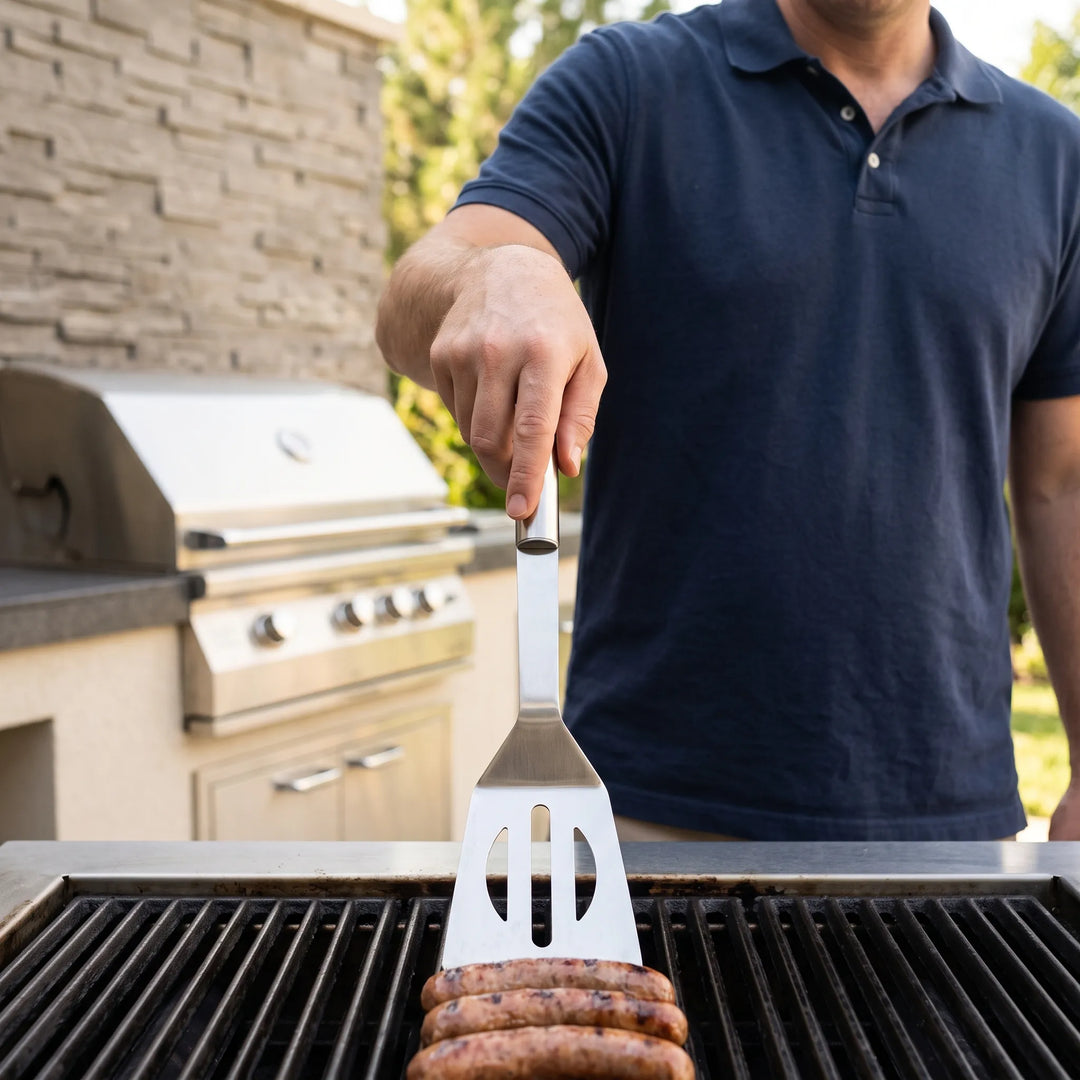 3-piece stainless steel grilling tool set with long handles: spatula, tongs, and grill fork for outdoor BBQ cooking.