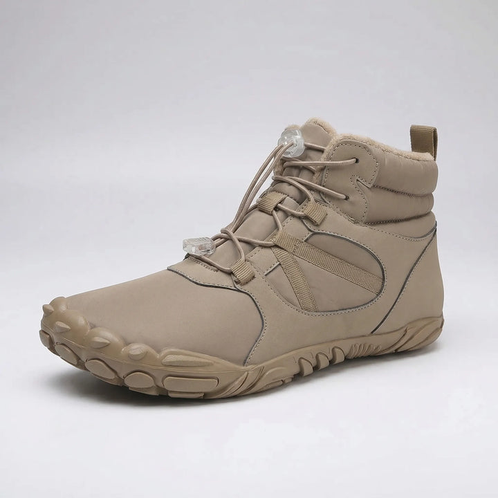 Water-repellent fleece-lined barefoot winter boots, wide toe box design.