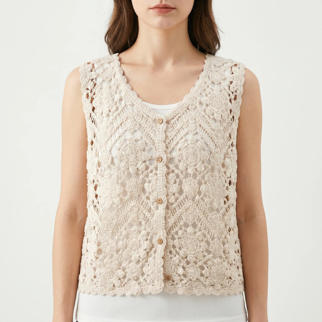 Relaxed fit beige bohemian tank top for women, sleeveless, ideal for summer layering, casual wear, or festivals.