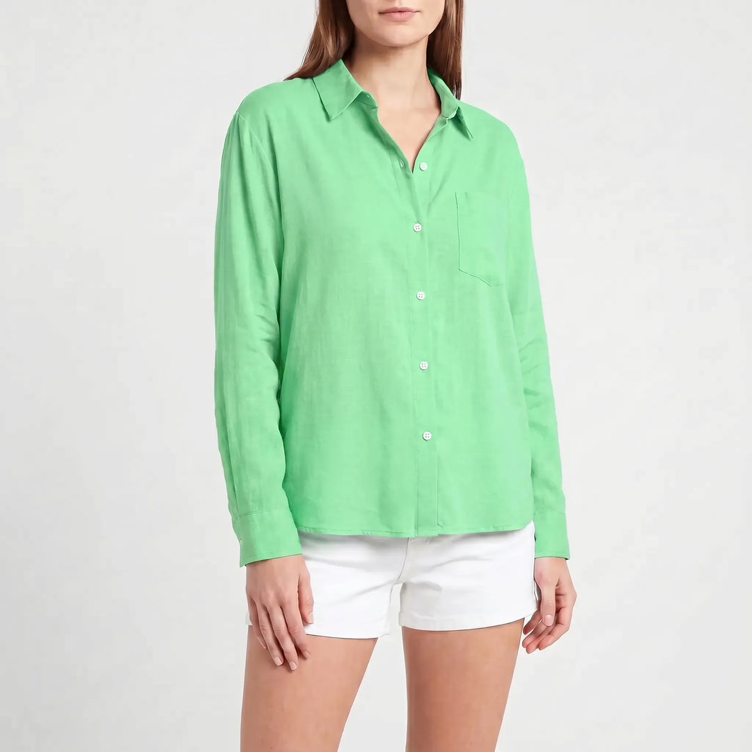 Chic long-sleeve button-up blouse for women, a stylish and versatile top for spring fashion.