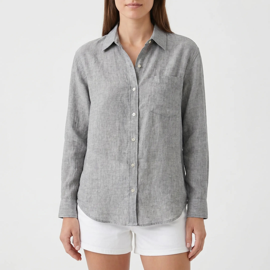 Women's long-sleeve button-up blouse with a collared design, perfect for versatile styling.