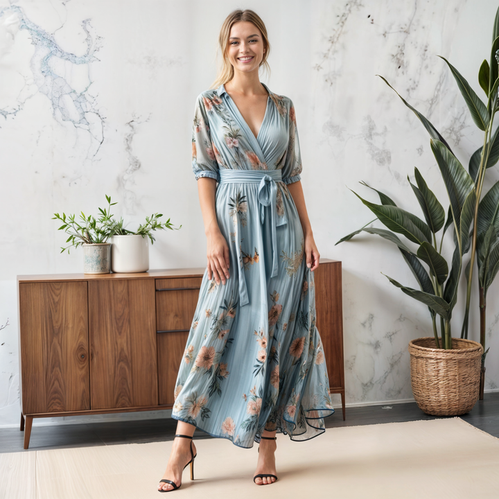 Elegant light blue floral wrap midi dress with V-neck & 3/4 sleeves, perfect for women's wedding guest or spring occasions.