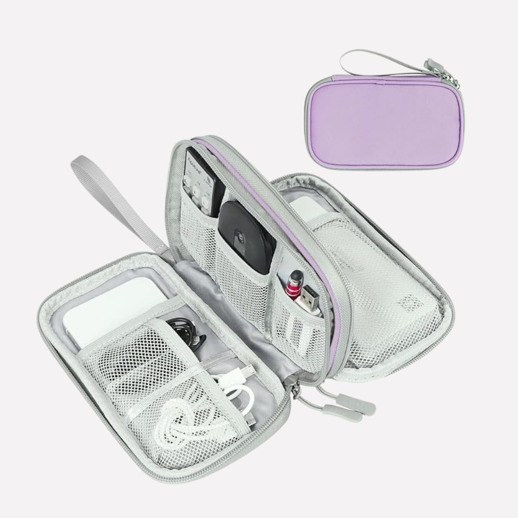 Portable gadget holder for travel, ideal for cables and chargers on the go.