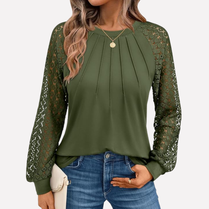 Versatile women's pleated top with delicate lace and long sleeves, an elegant fashion blouse.