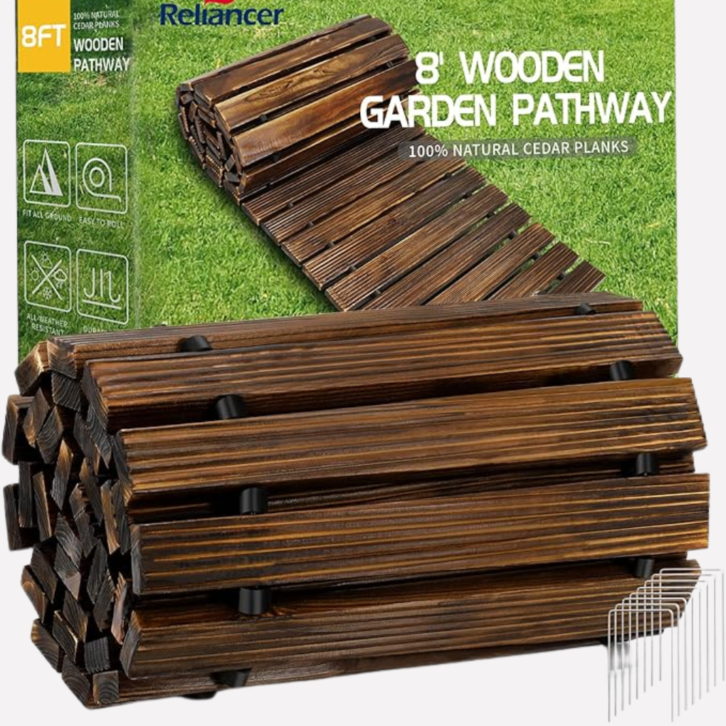 Easy-to-install roll-out wooden garden pathway, ideal for mud prevention and lawn protection.