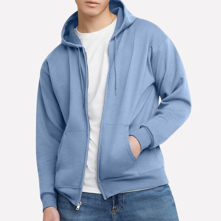 Back view of men's relaxed fit full-zip hoodie, a long sleeve hooded sweatshirt for casual wear.