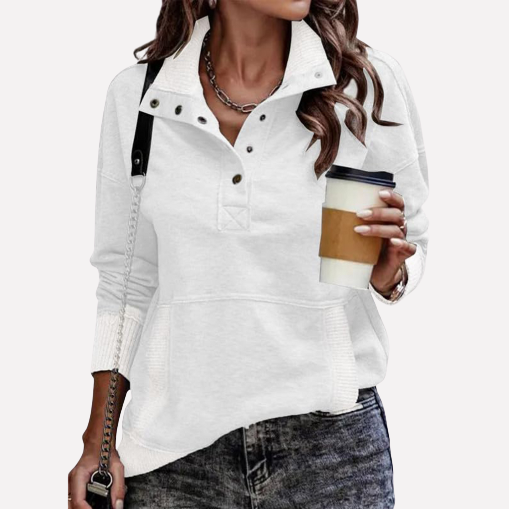 Relaxed fit women's stand neck sweatshirt with drawstring detail. Ideal casual pullover for autumn fashion.