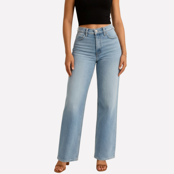 Light blue women's straight leg cropped jeans, high-waisted and loose fit for comfortable everyday casual wear.