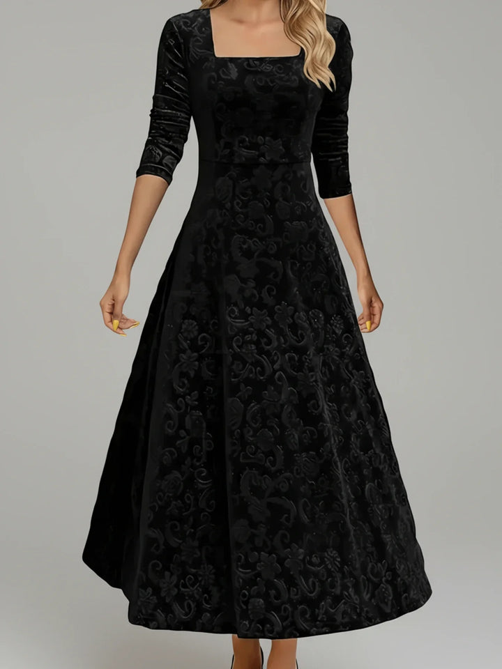 Chic women's long sleeve floral midi dress with a stylish square neck and elegant A-line cut. Great for fall fashion.