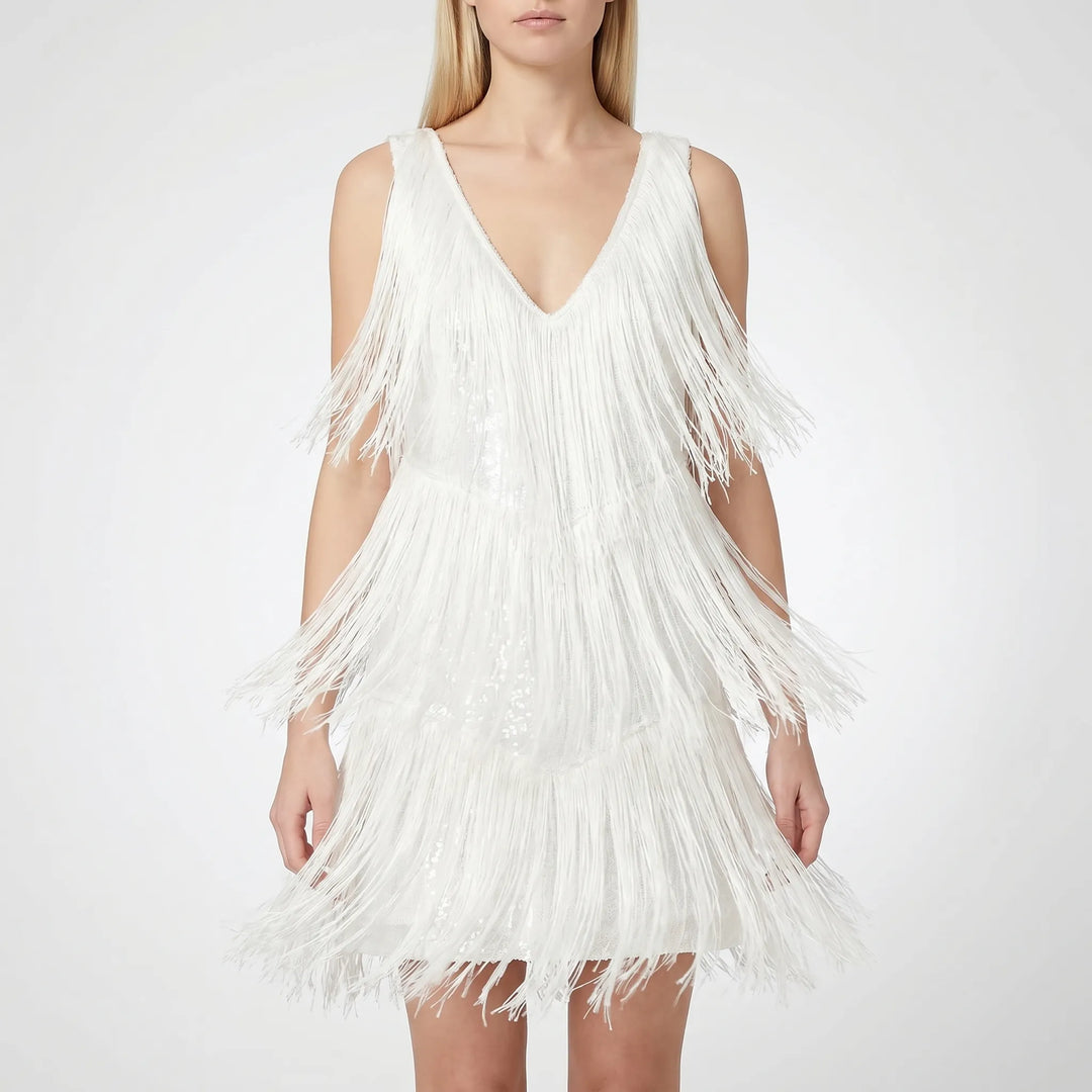 Sparkling women's fringe mini dress, ideal for dazzling party nights, dancewear, or a glamorous cocktail event.
