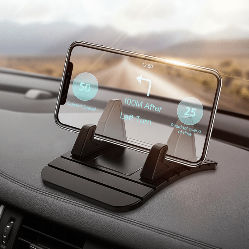 Non-slip silicone car phone holder securely gripping a dashboard, perfect for hands-free navigation & smartphone use.