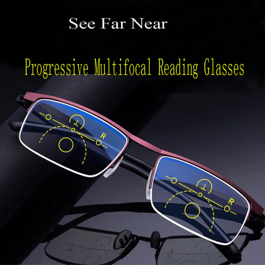 Stylish unisex multi-focus reading glasses, anti-glare, photochromic, protecting eyes from blue light.