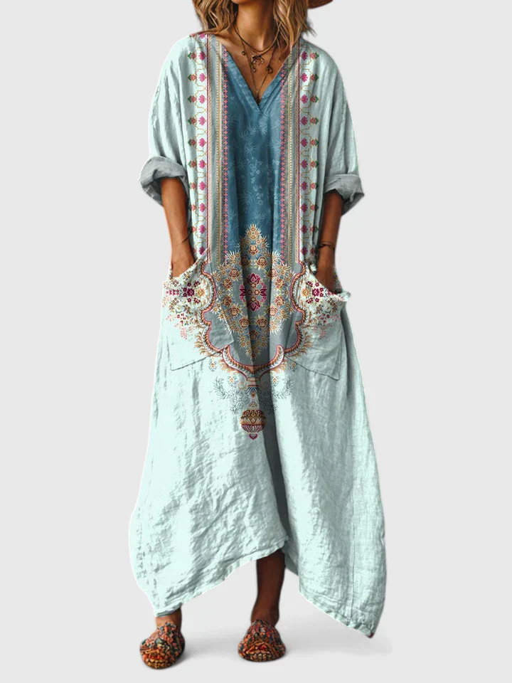 Casual women's printed bohemian jumpsuit with pockets, an oversized fit for summer holidays, travel, and comfort.