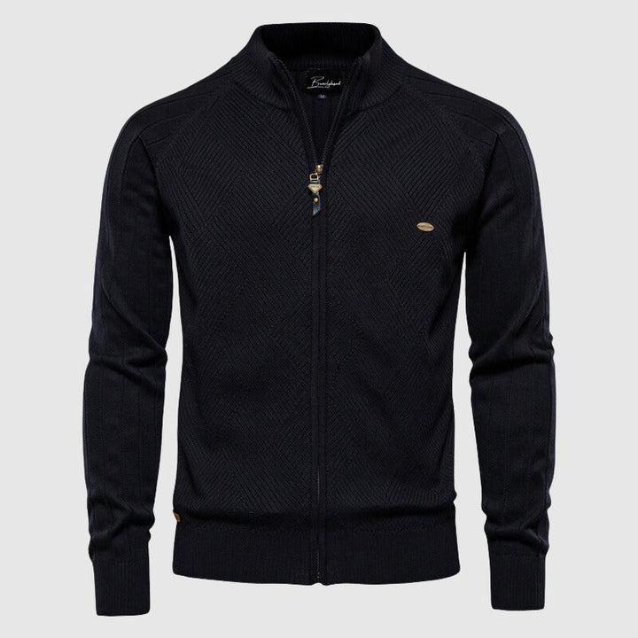 Slim fit men's turtleneck cardigan featuring a zipper closure and unique modern patchwork design. Menswear fashion.