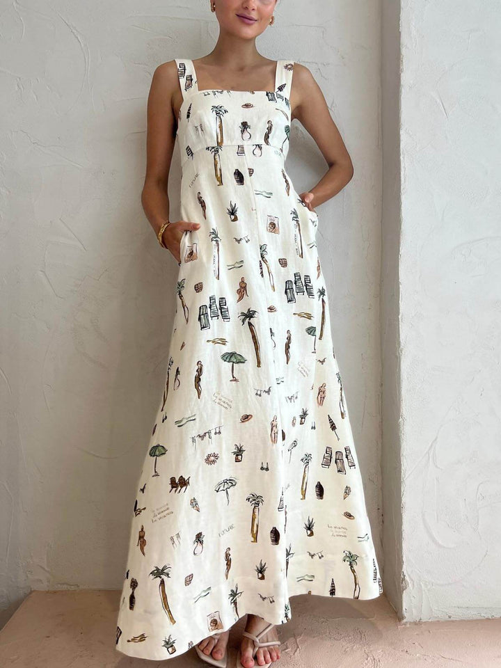 Beautiful white square neck sleeveless maxi dress. Elegant long women's dress for summer, parties, and resort chic.