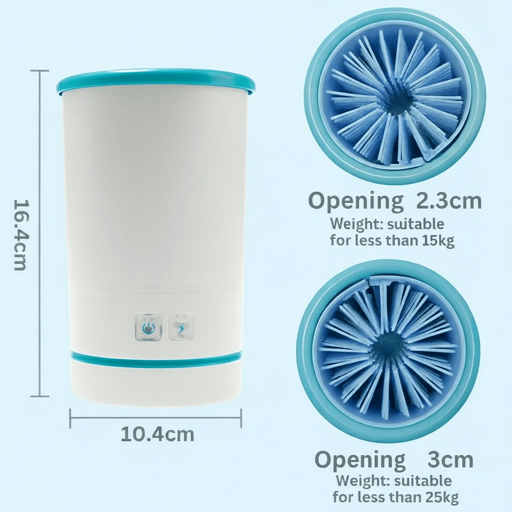 Easy-to-use automatic pet paw cleaner, rechargeable. Gently washes muddy dog & cat paws for improved hygiene.