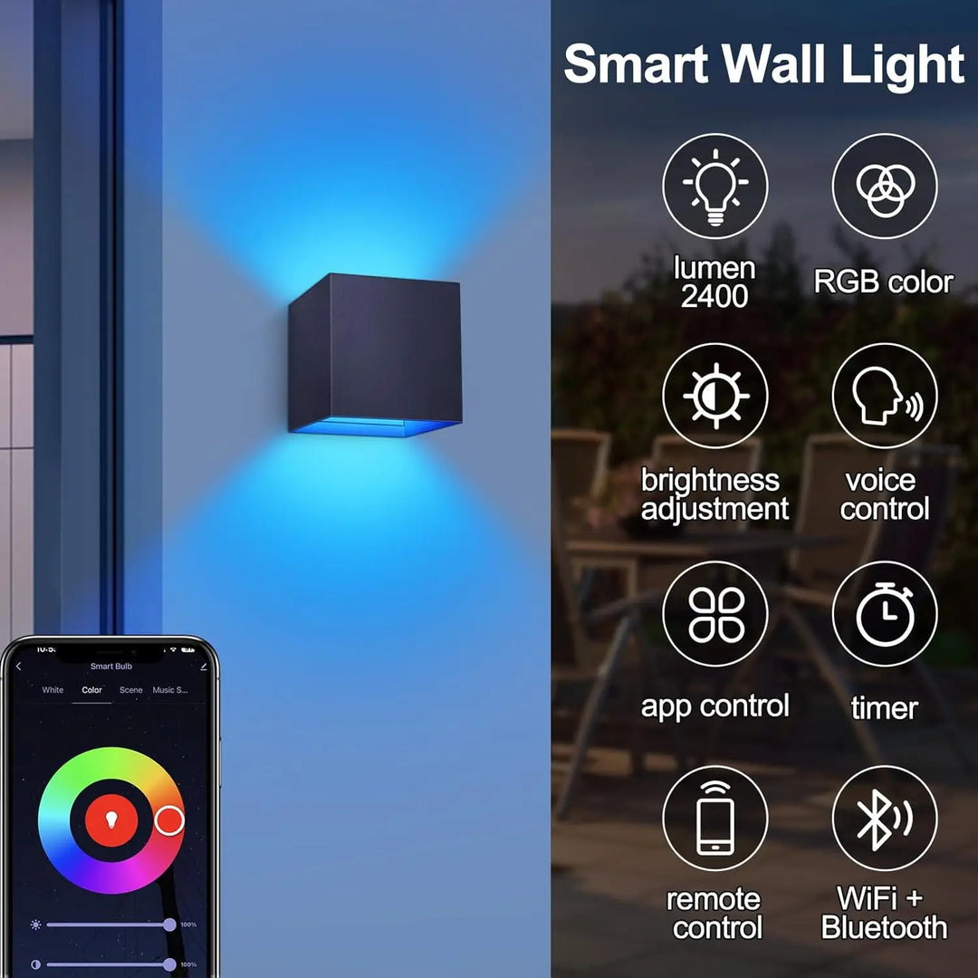Modern smart outdoor LED wall lights. App & voice controlled, multi-color RGBW for dynamic exterior ambiance.